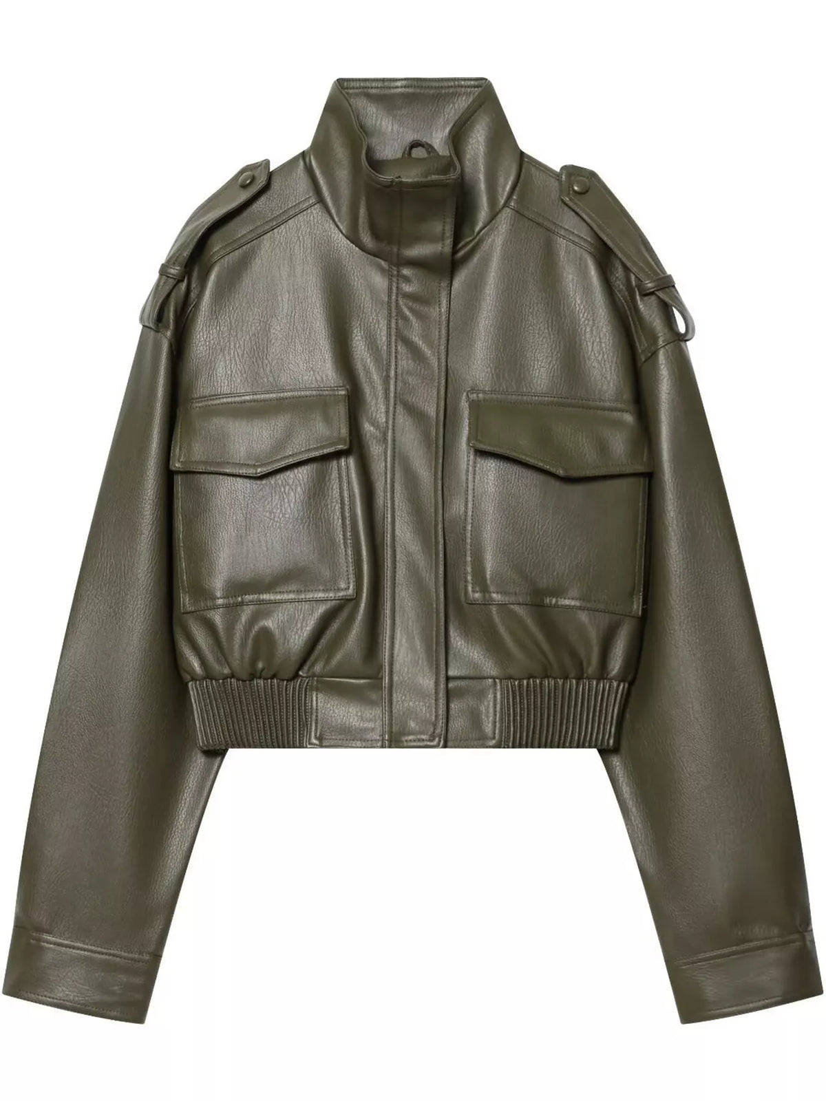 Olive faux leather cropped bomber jacket — front view