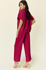 Trendsi Double Take Full Size Texture Half Zip Short Sleeve Top and Pants Set -