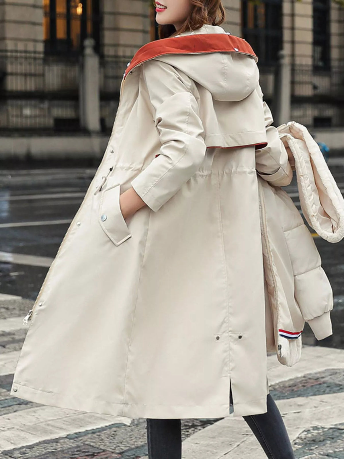 Faux-fur-trim parka, ivory back without fur trim