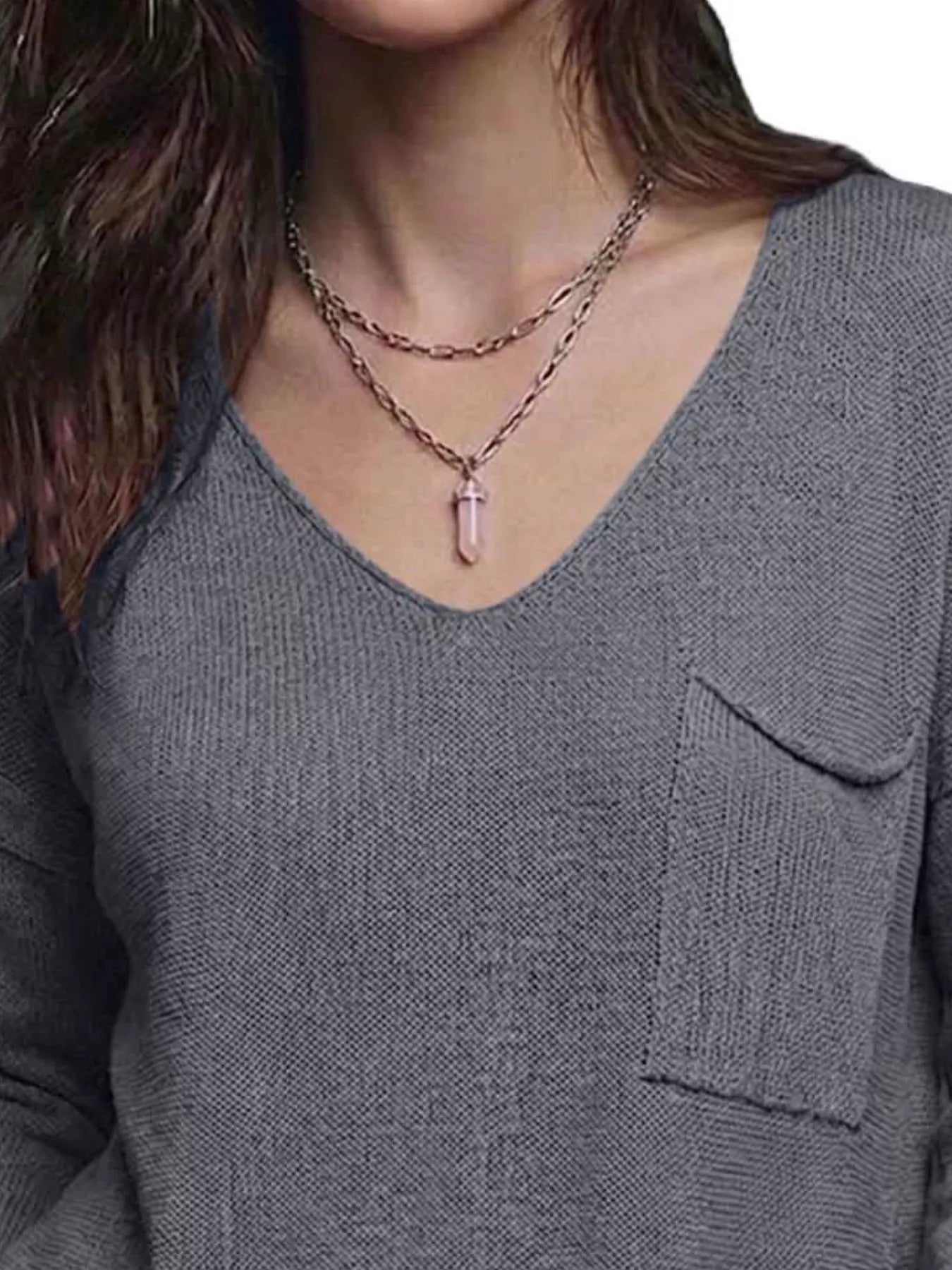 Trendsi V-Neck Chest Pocket Knit Top -