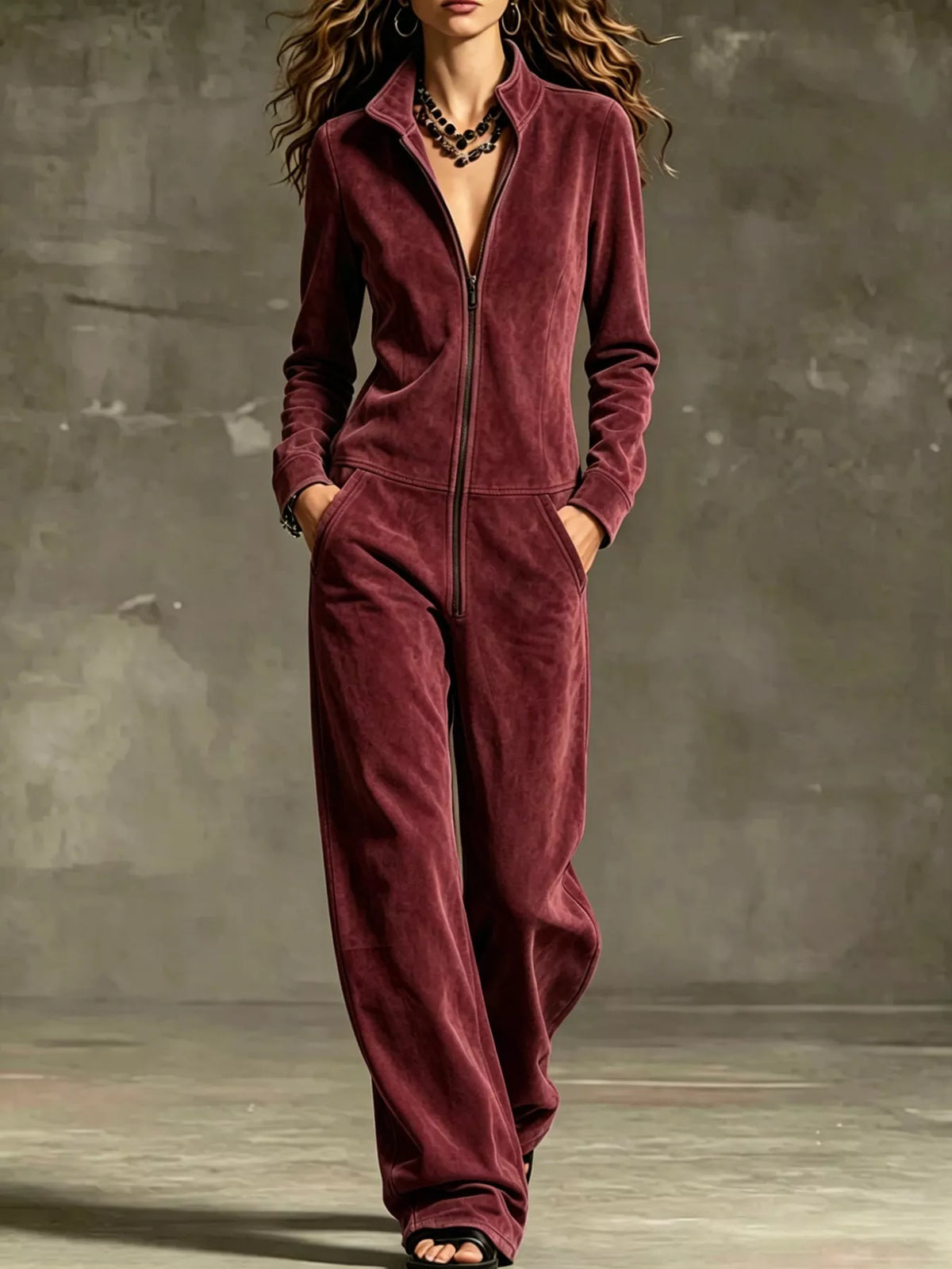 Velour Zip-Up Jumpsuit with Pockets, front view