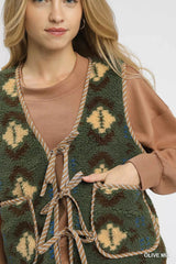 Trendsi Umgee Mix Patterned Sherpa Tie-Front Vest -