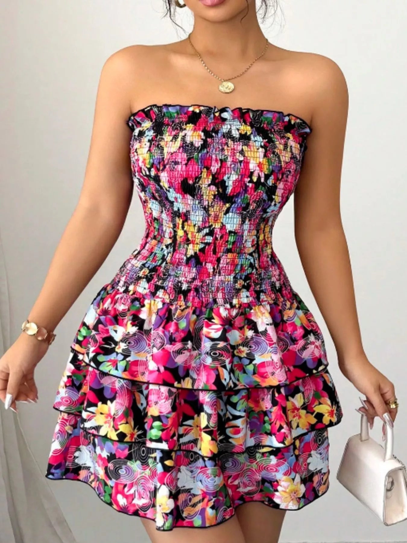 Trendsi Strapless Smocked Floral Tiered Mini Dress -
