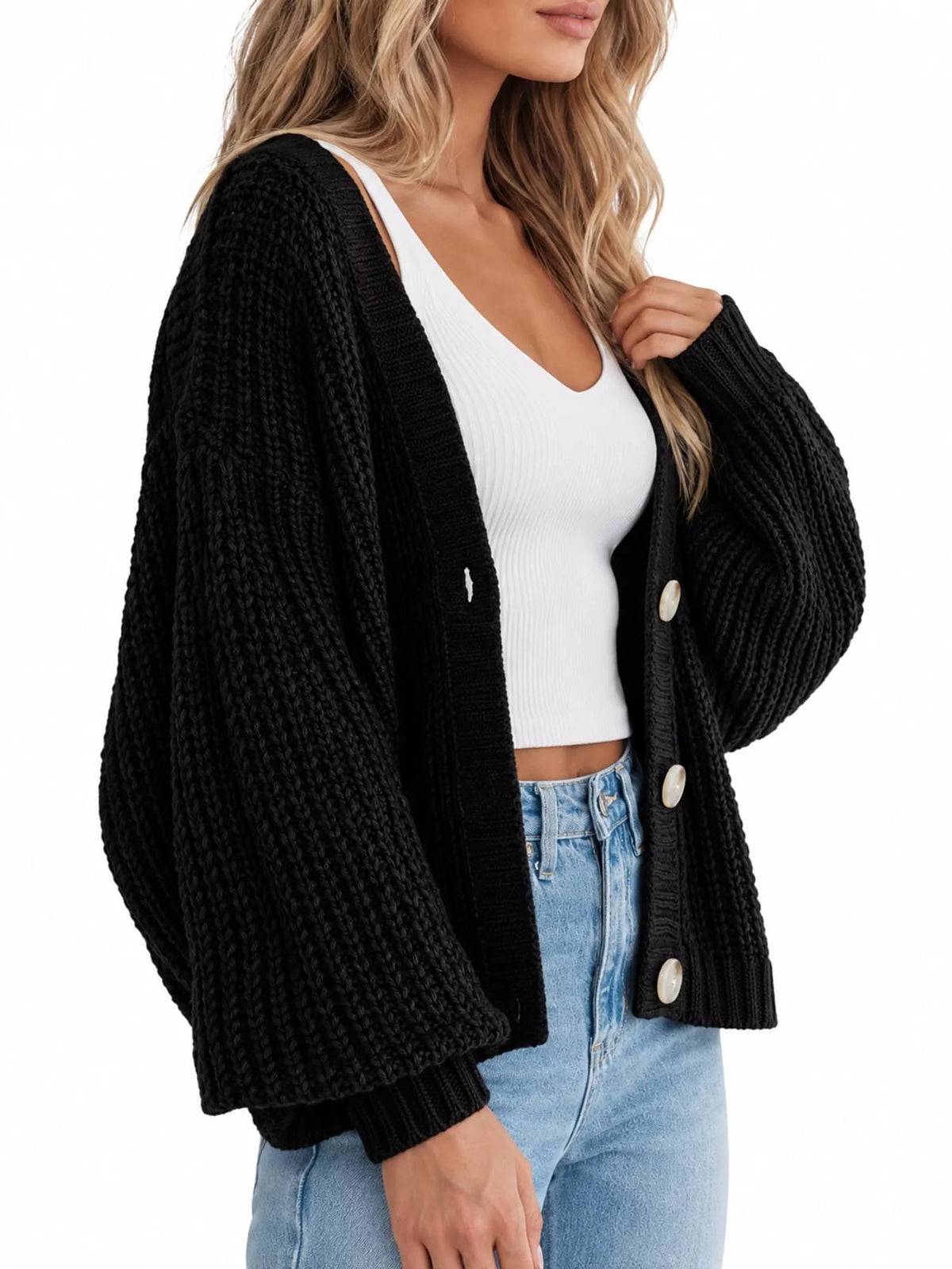 Button cardigan, black side