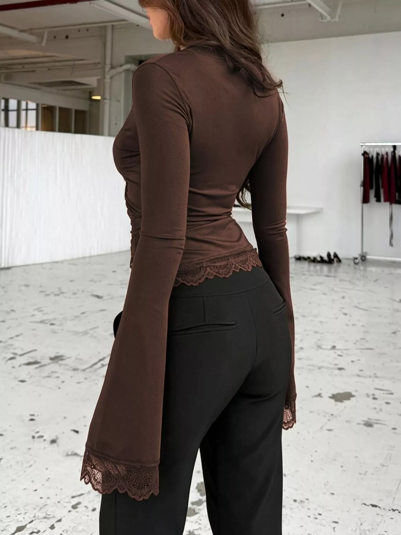 Trendsi Lace-Trimmed Long Sleeve Wrap T-Shirt -