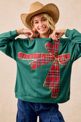 Trendsi BiBi Plaid Ribbon Bow Detail Christmas Fleece Pullover -