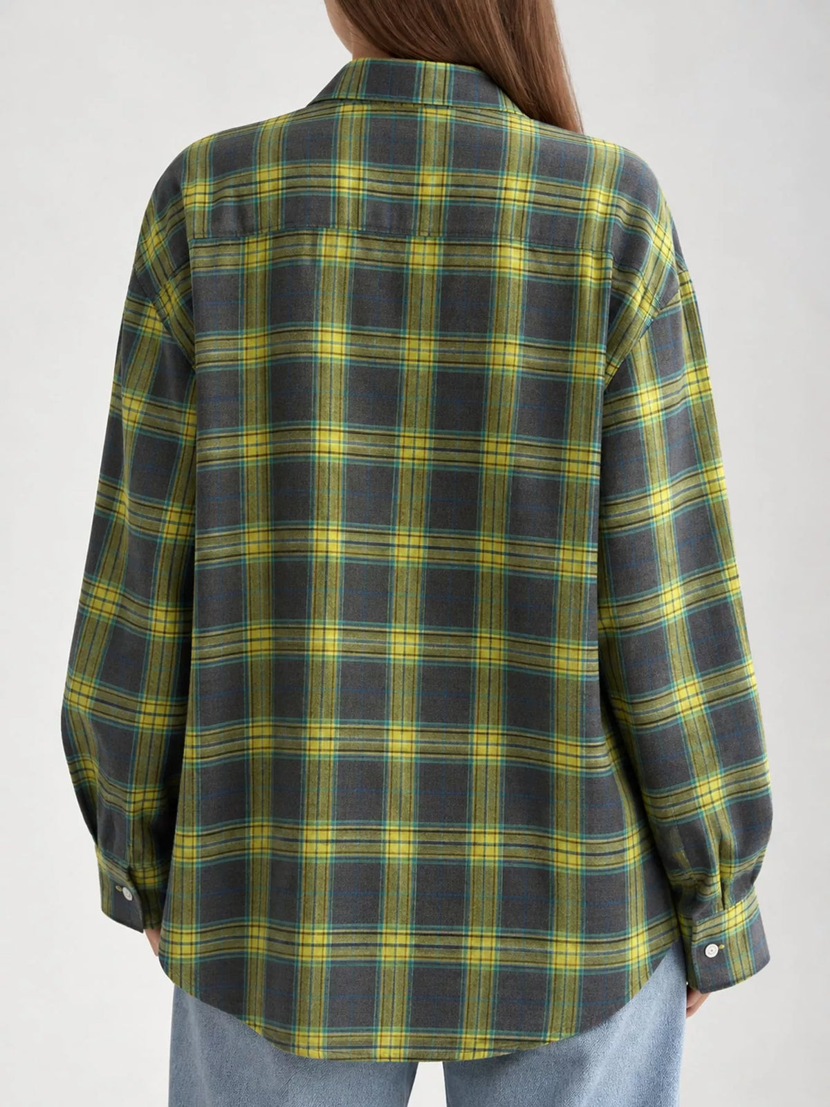 Yellow and green plaid button-up shirt with chest pockets, back view