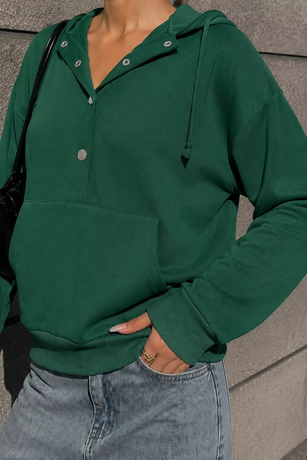 Women's Half Snap Kangaroo Pocket Hoodie in Dark Green, close-up detail