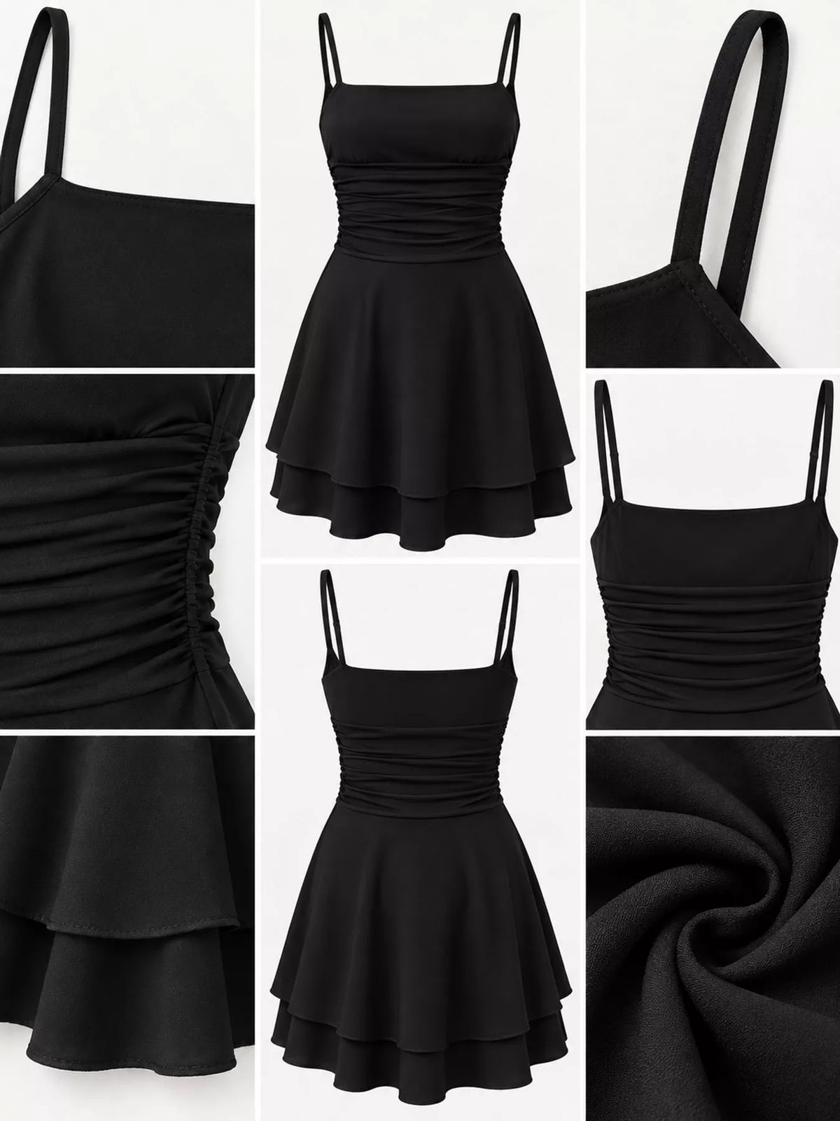 Black ruched spaghetti strap layered mini dress, front, back and detail collage