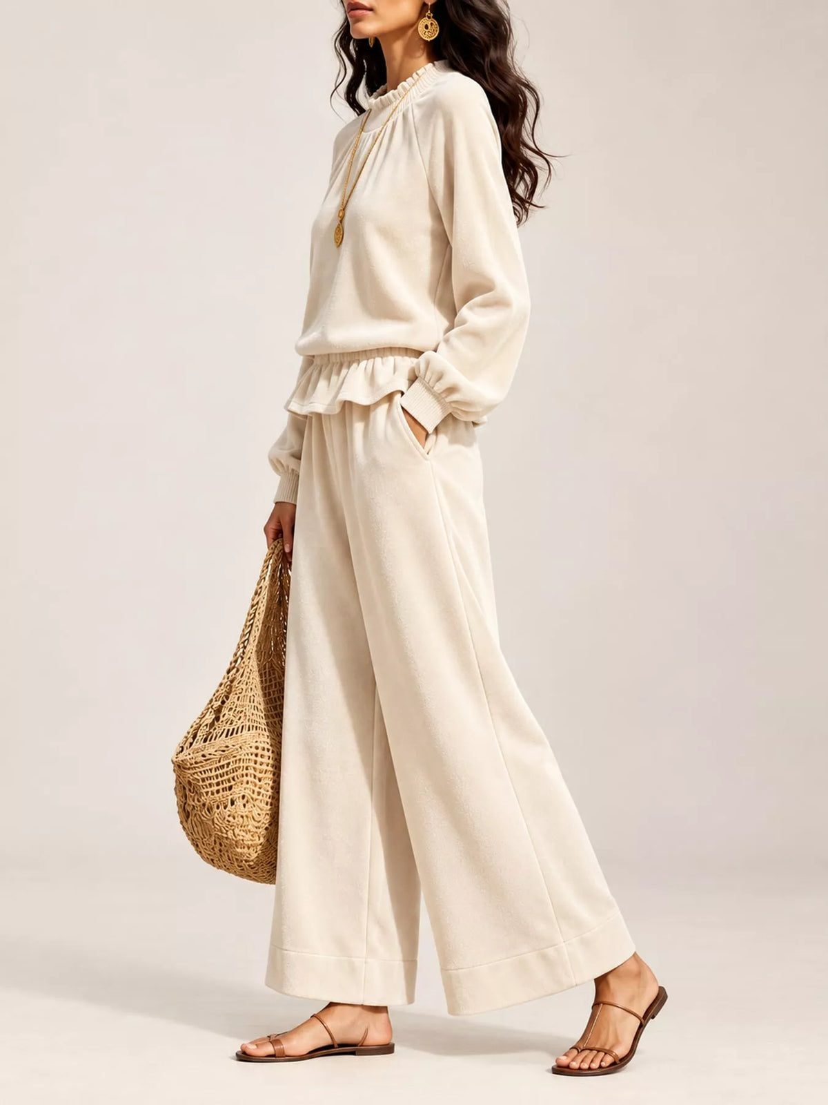 Cream velvet ruffled hem top and wide-leg pants set — side view