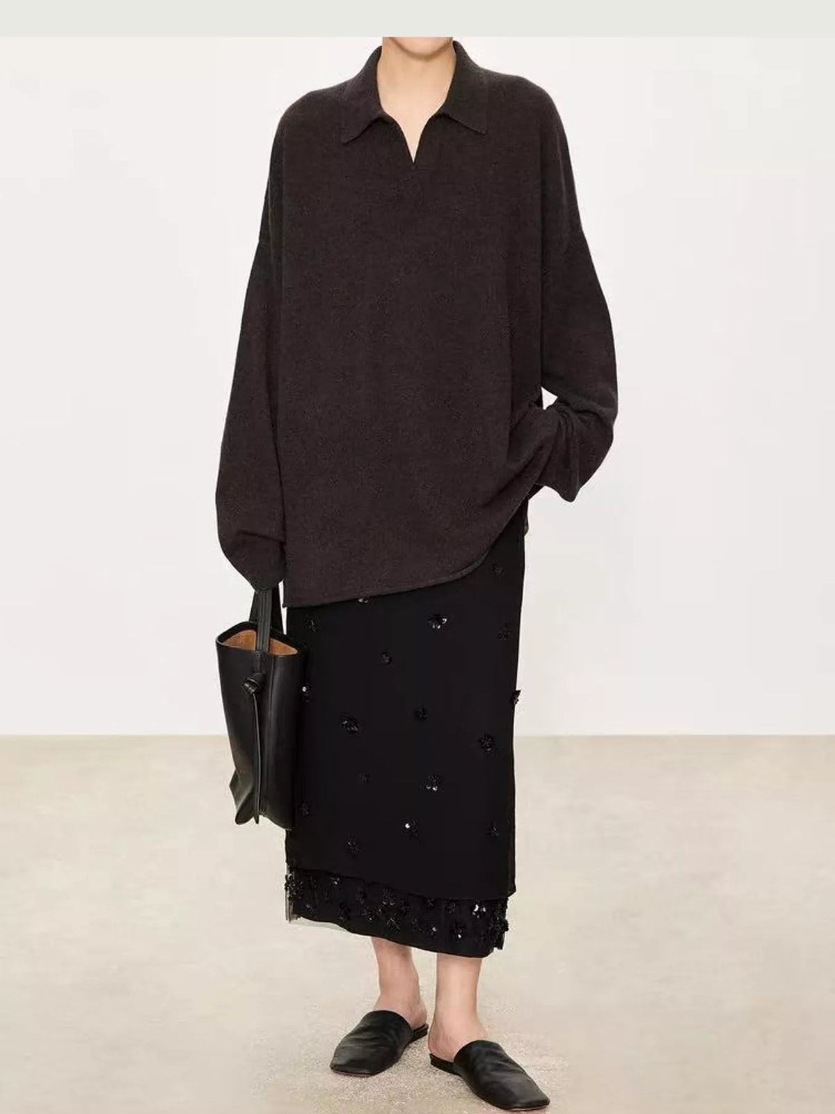 Brown dropped shoulder polo collar sweater