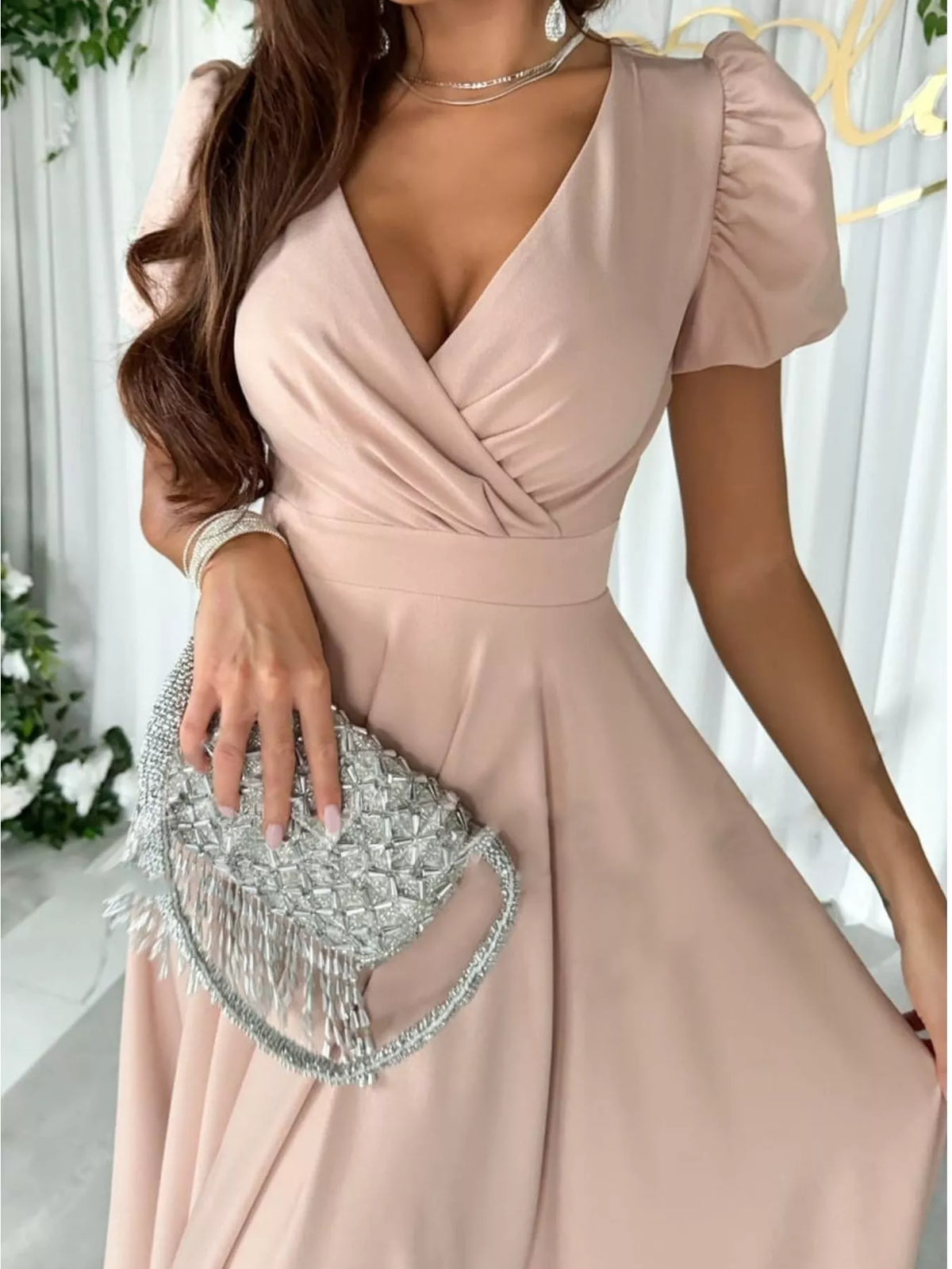 Trendsi Surplice Puff Sleeve Midi Dress -