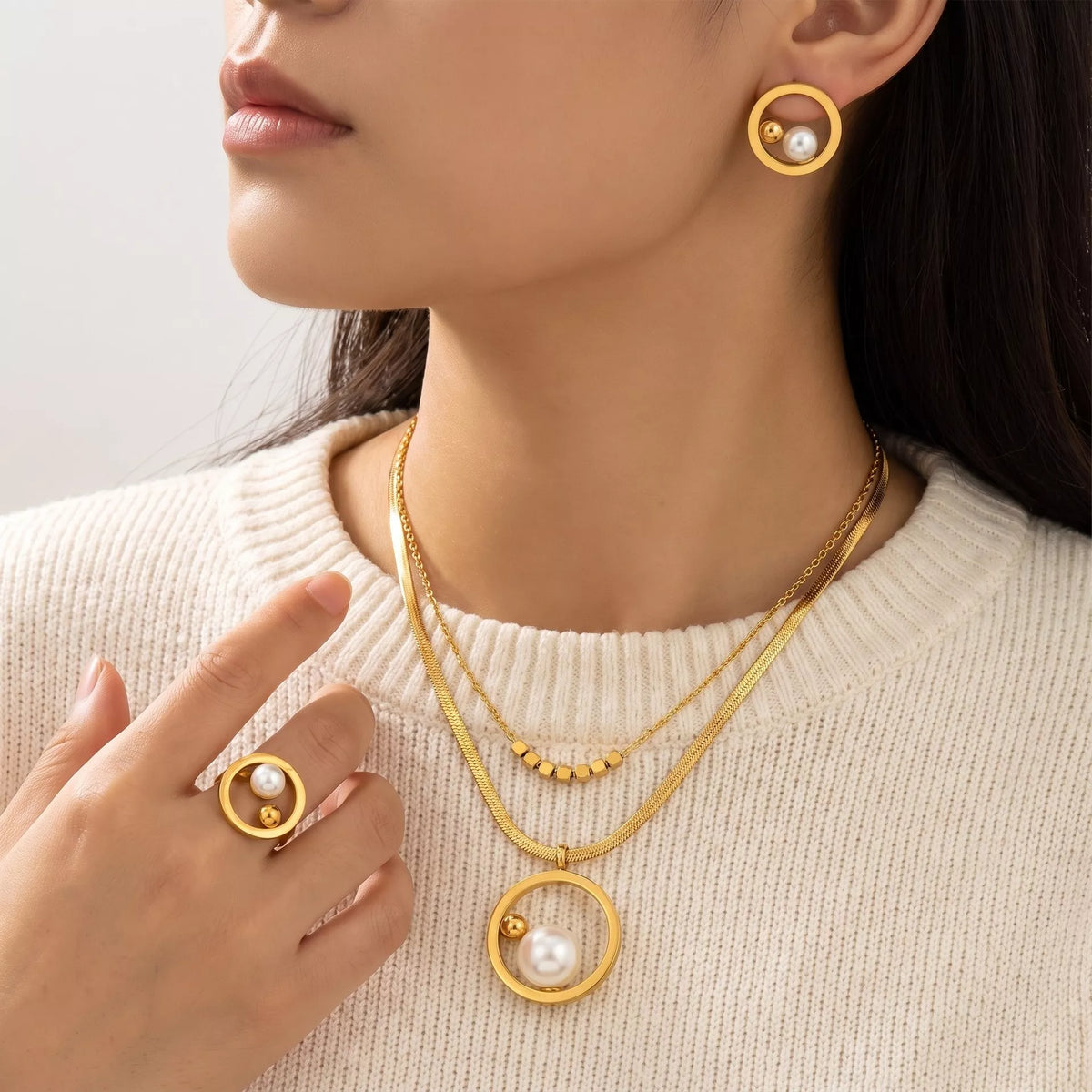 Synthetic Pearl Jewelry Set, shown worn