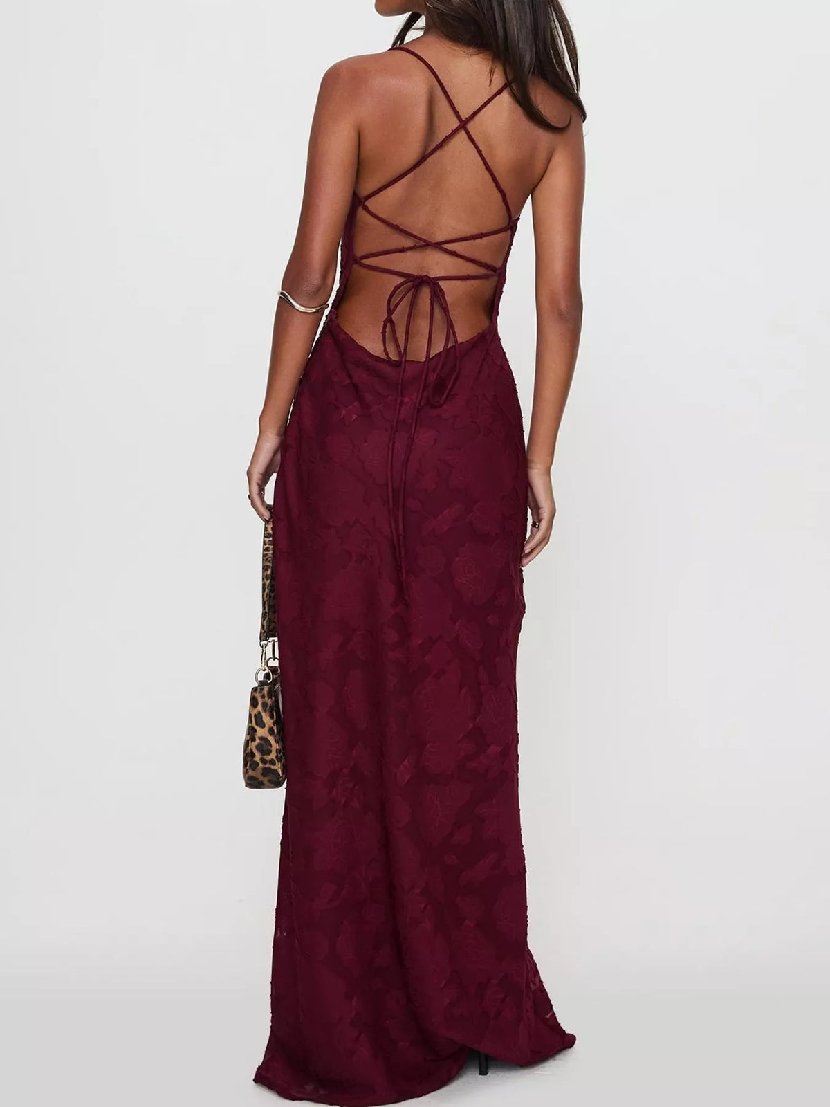Cowl neck spaghetti-strap maxi dress, back view