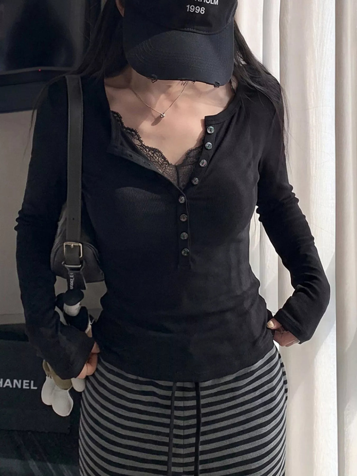 Lace Detail Long Sleeve T-Shirt in black