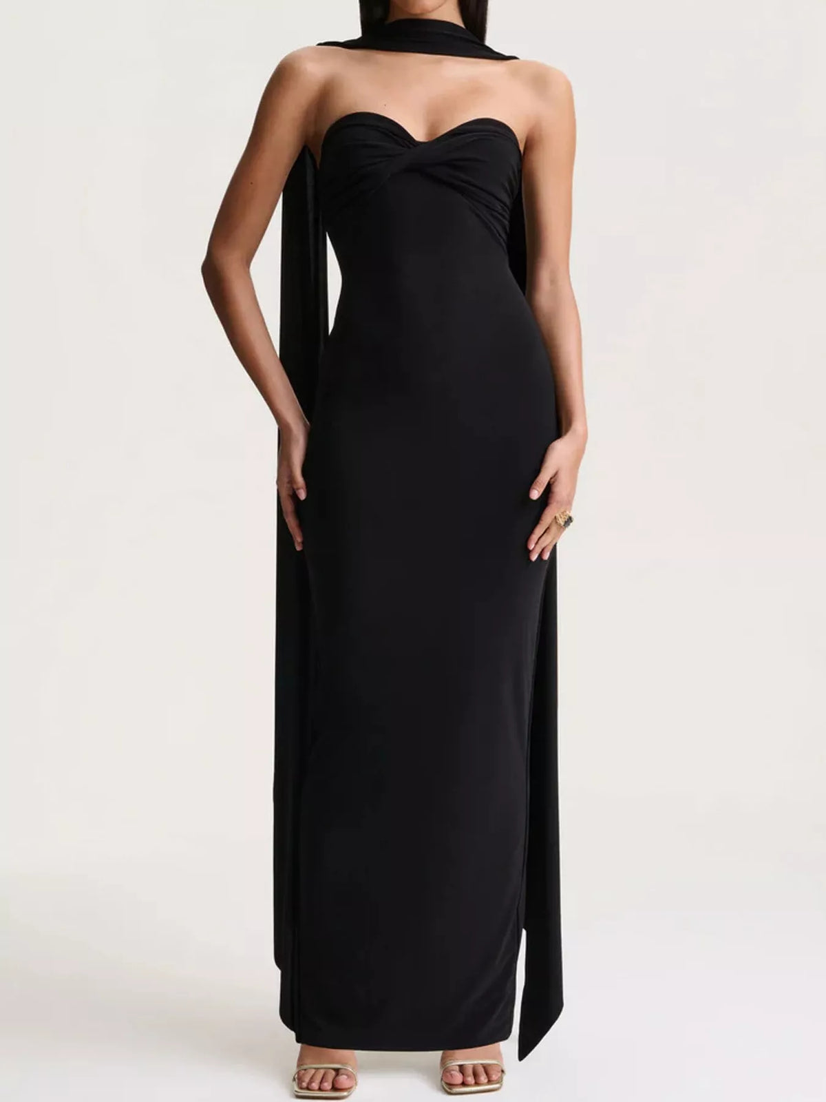 Black strapless ruched bodycon maxi dress with scarf, front view