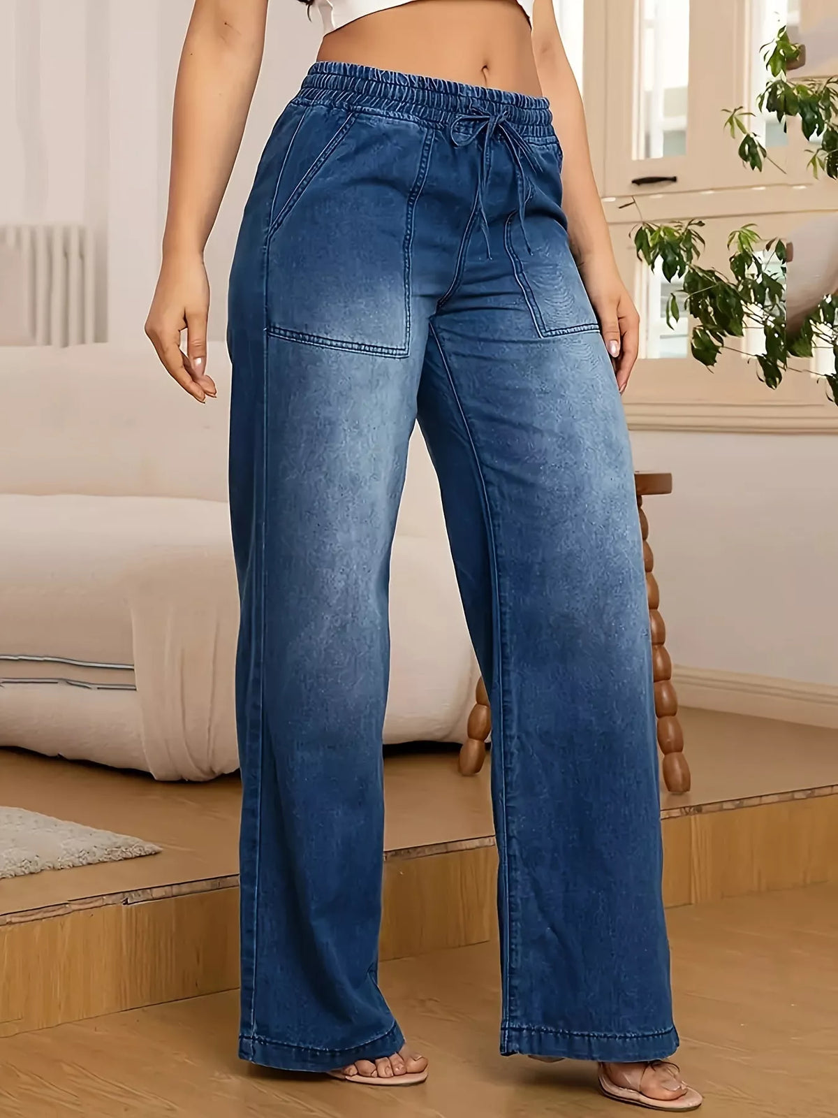 Drawstring Wide-Leg Jeans in dark blue
