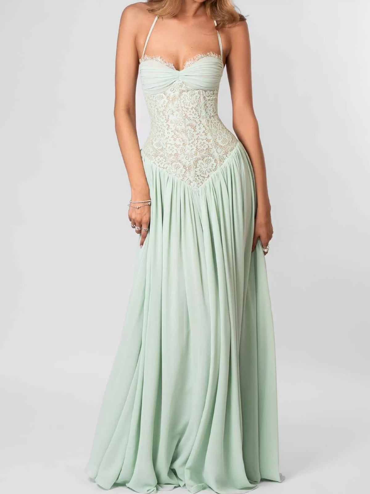 Mint green lace corset halter neck maxi dress — front view