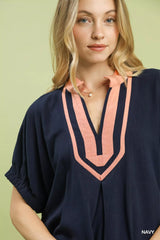 Trendsi Umgee Linen Contrast Trim V-Neck Blouse -