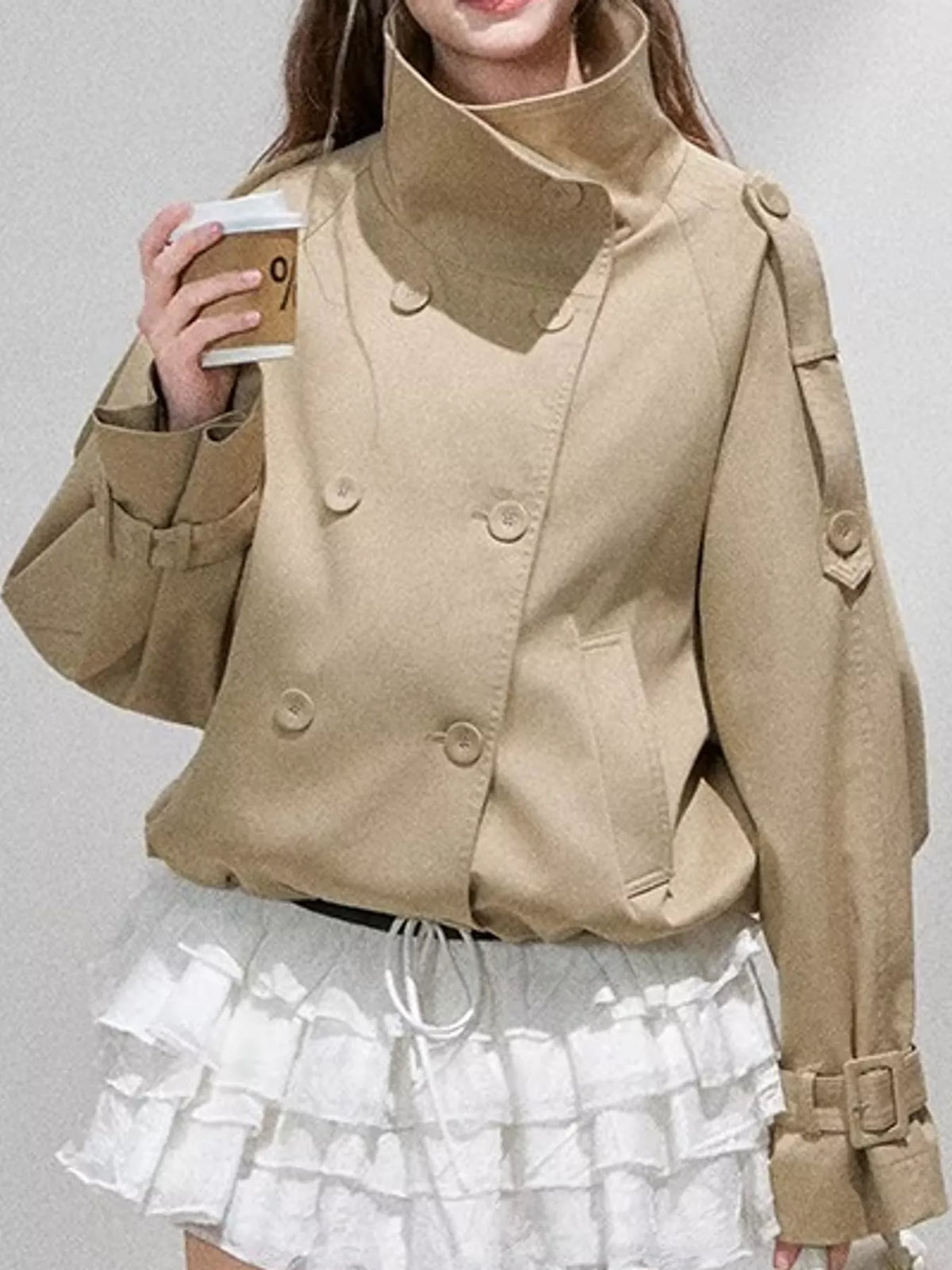 Khaki double-breasted stand collar cropped trench jacket
