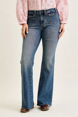 Trendsi Judy Blue Mid Rise Flare Jeans with Front Flap Pockets -