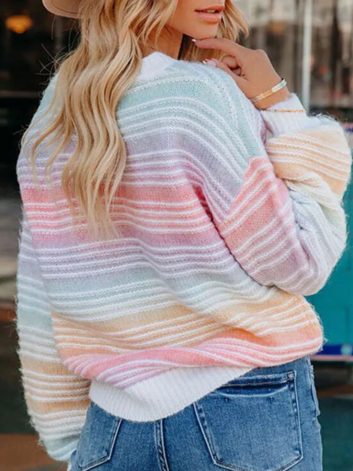 Trendsi Rainbow Striped Dropped Shoulder Sweater -