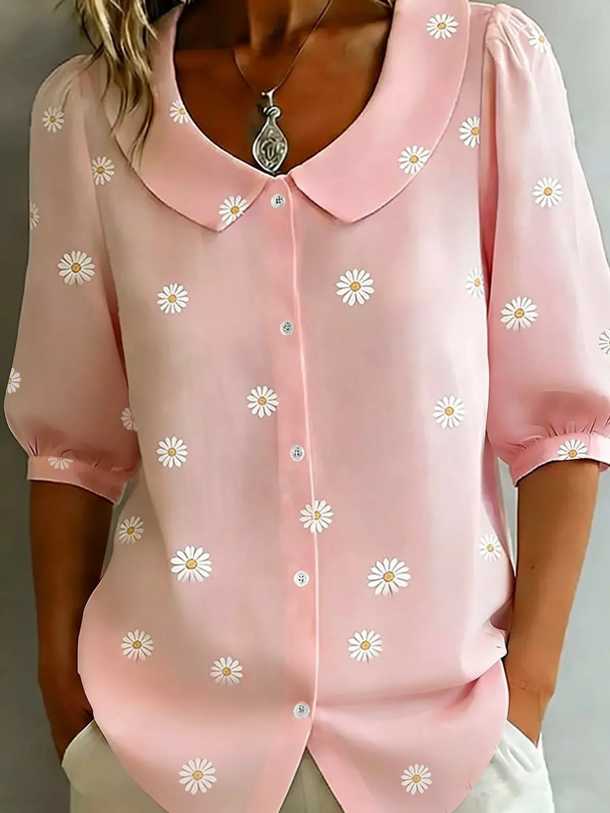 Blush pink daisy print peter pan collar button-down shirt