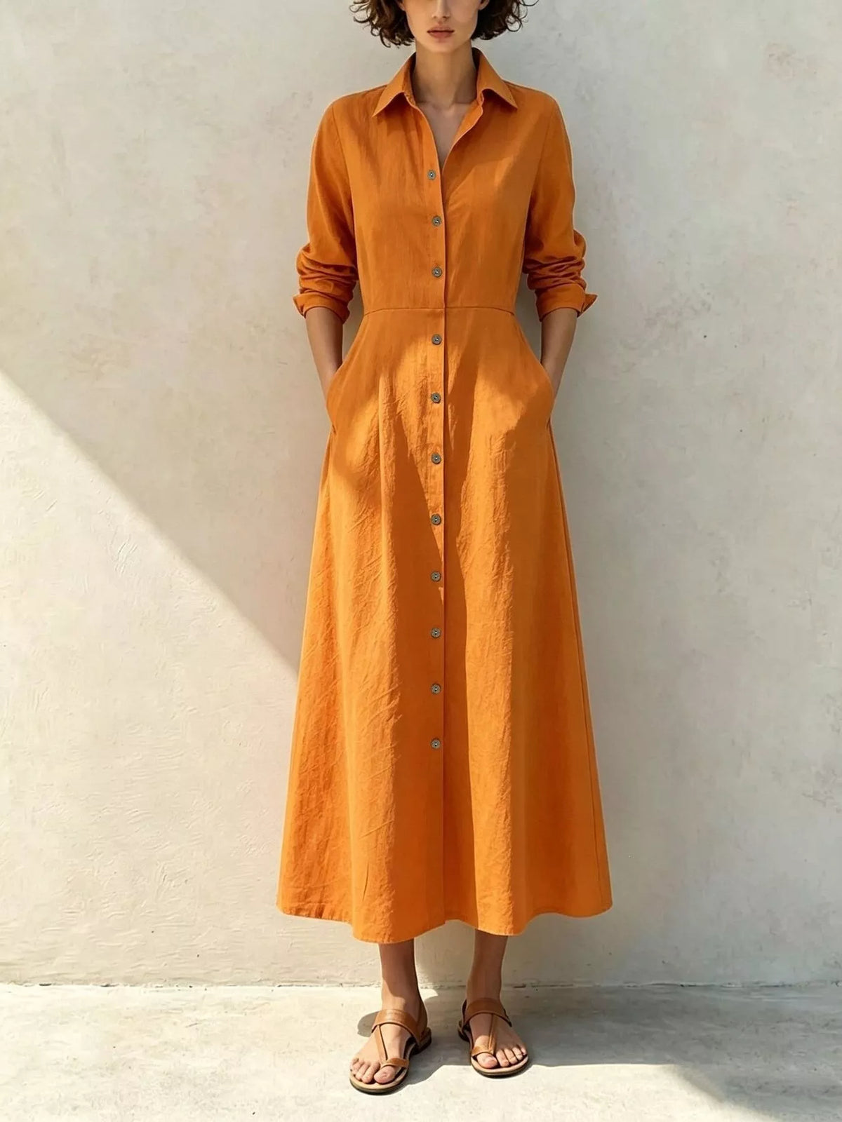 Button-Down Midi Shirt Dress with Pockets, front view