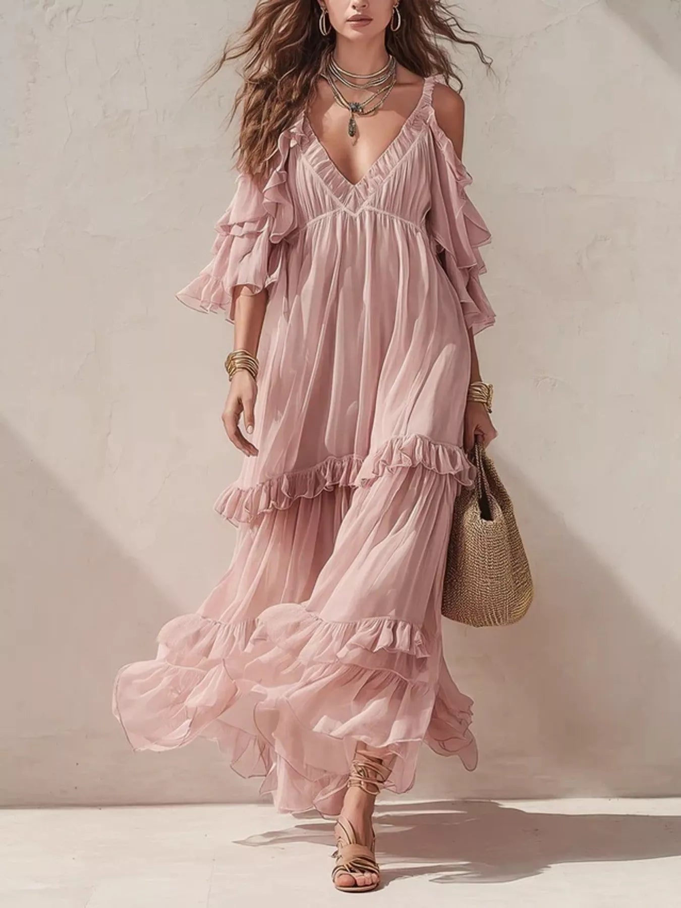 Trendsi Cold-Shoulder Ruffled Maxi Dress -