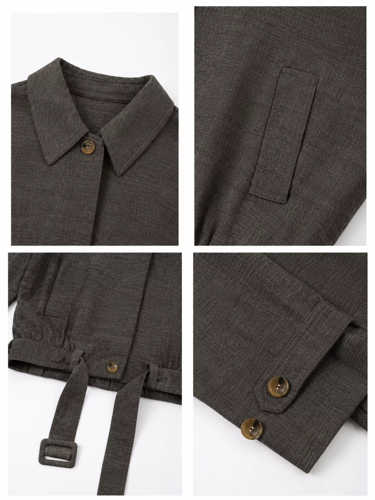 Charcoal belted dropped shoulder jacket — design and construction details