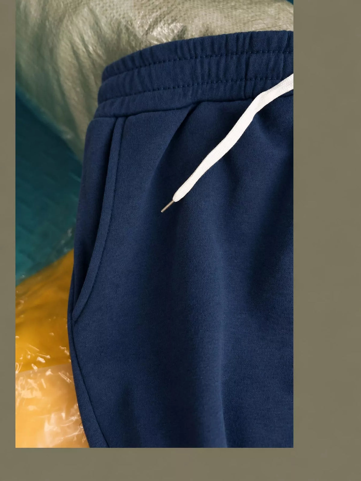 Navy wide-leg pants with drawstring, detail view