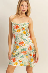 Trendsi HYFVE Floral Cowl Neck Flirty Satin Mini Dress - Dresses
