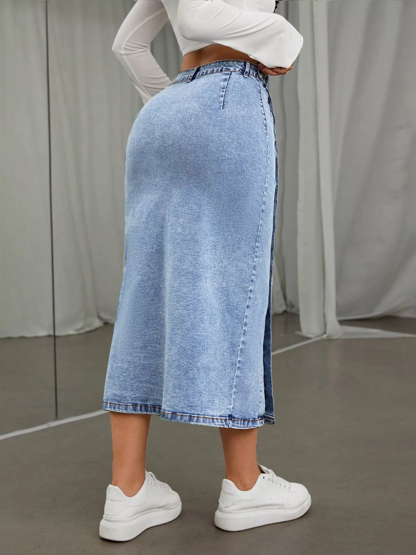 Trendsi Side Button Slit Denim Midi Skirt -