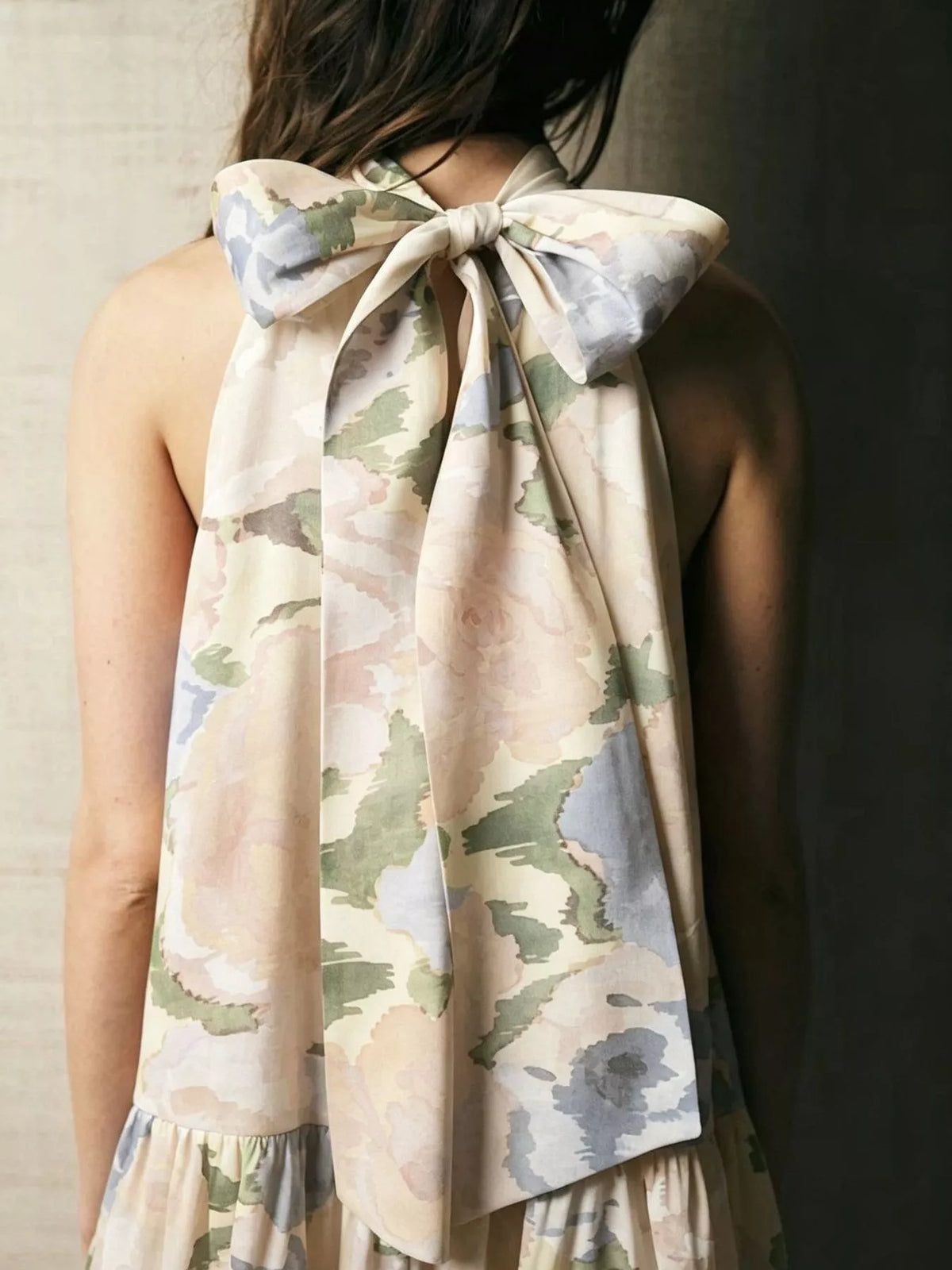 Cream Floral Print Sleeveless Mini Dress with Bow back-bow detail