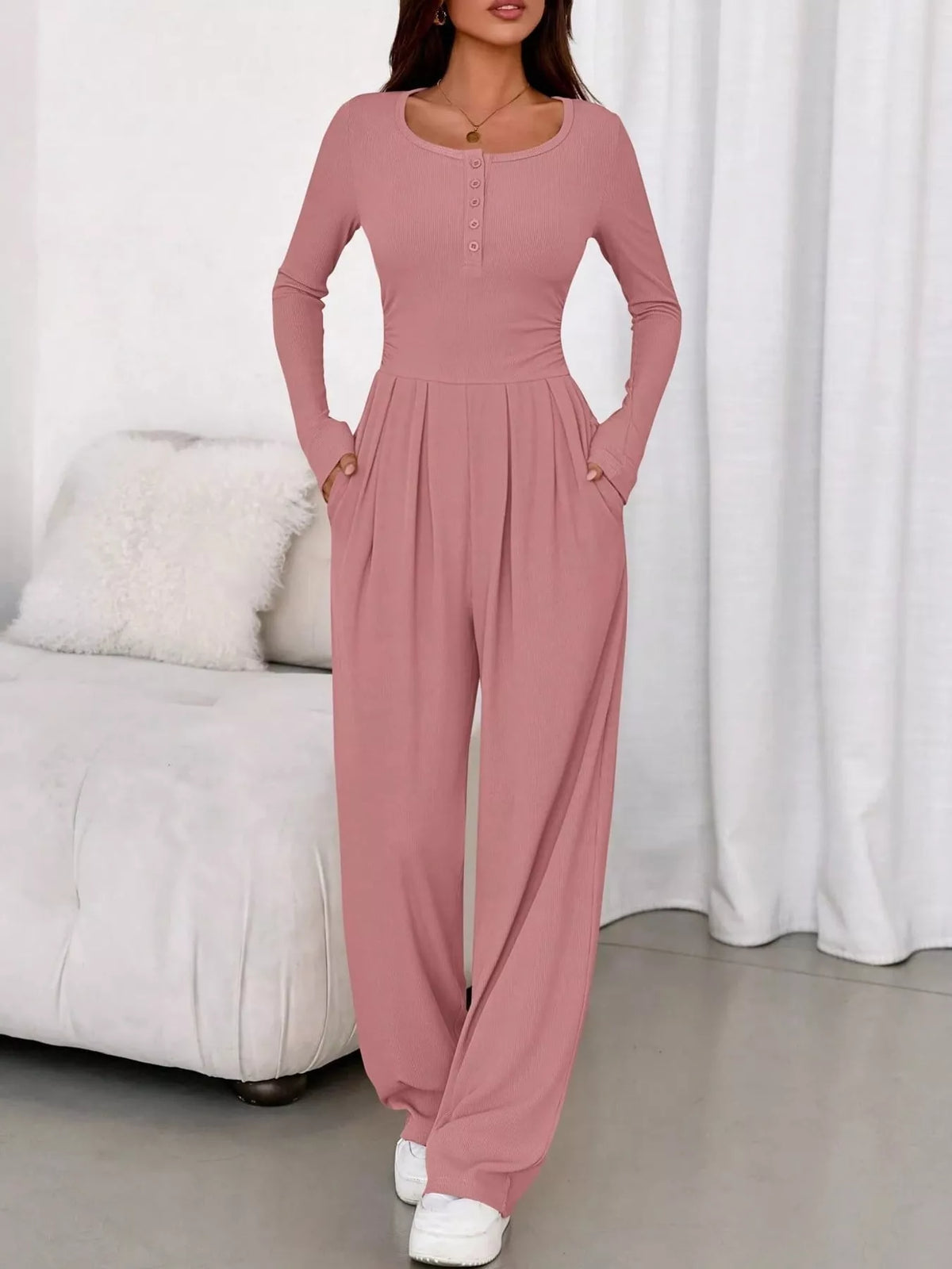 Long Sleeve Ribbed Knit Wide-Leg Jumpsuit — front view