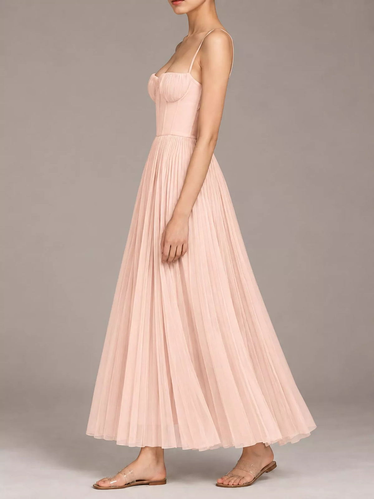 Pink pleated sweetheart neck midi dress — side view