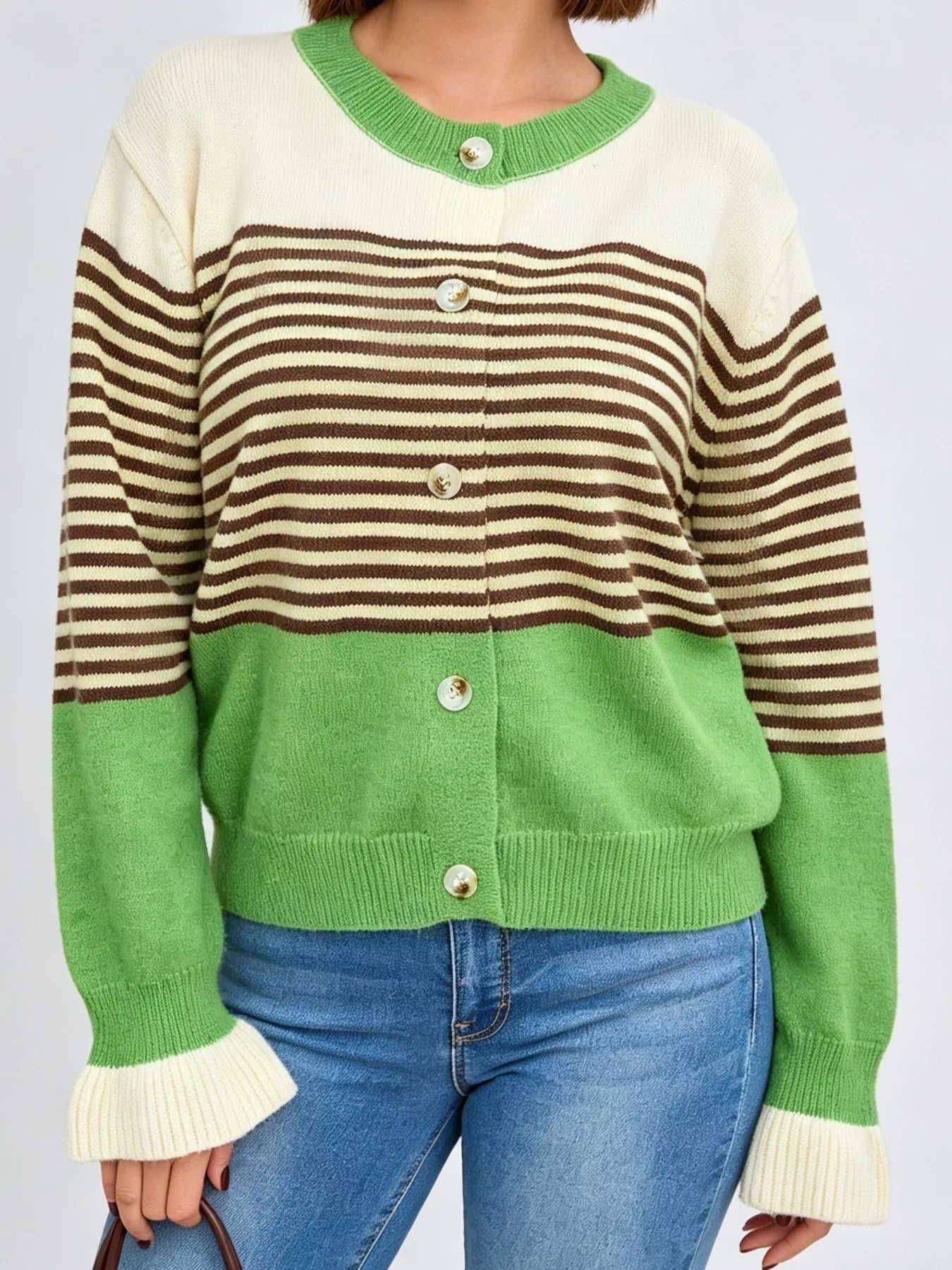 Trendsi Color Block Striped Button Up Cardigan -