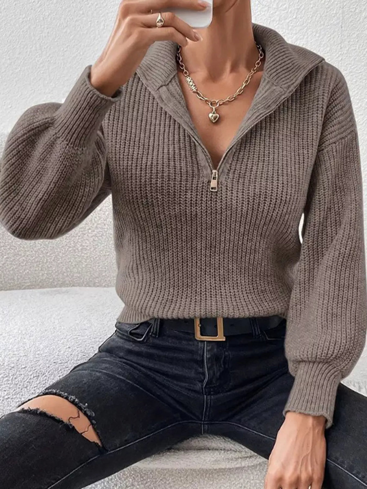 Women's Quarter-Zip Dropped Shoulder Sweater in Dark Brown, alternate view
