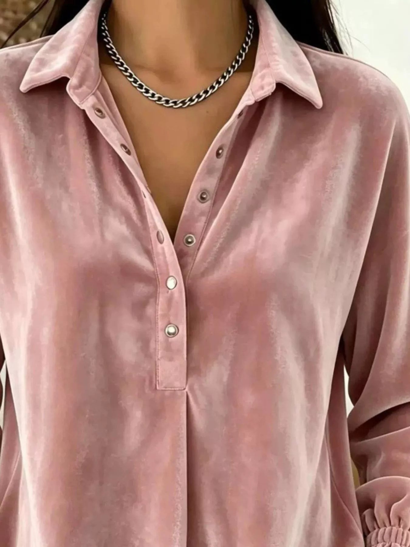 Trendsi Velvet Snap Down Long Sleeve Blouse -