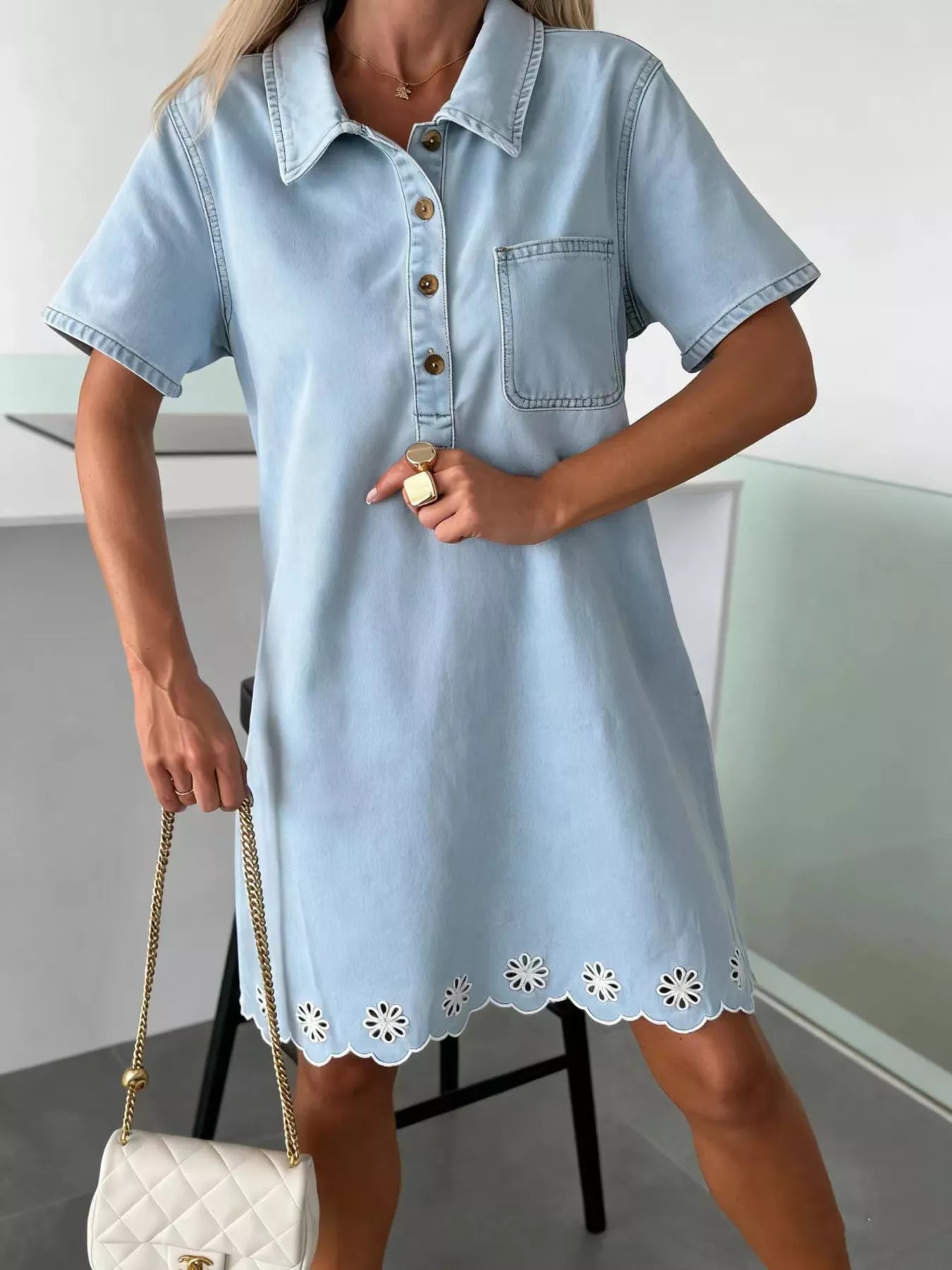 Trendsi Scalloped Floral Hem Denim Dress -