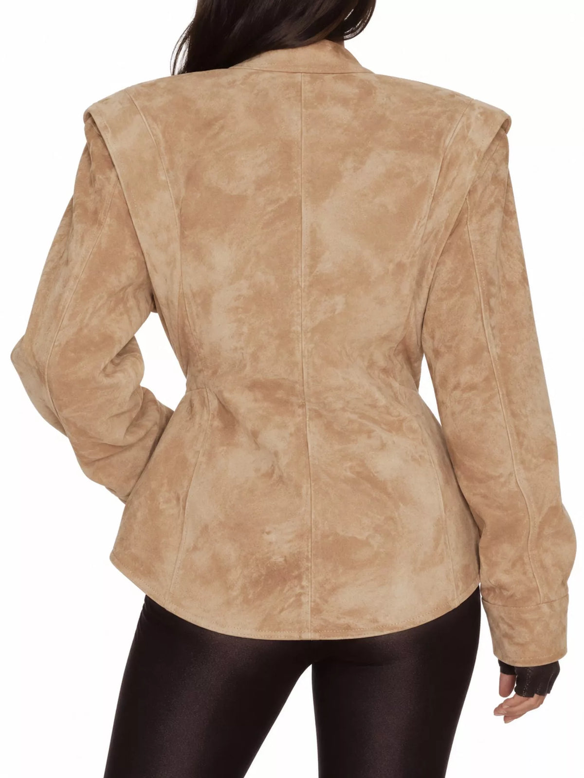 Brown one button long sleeve blazer, back view