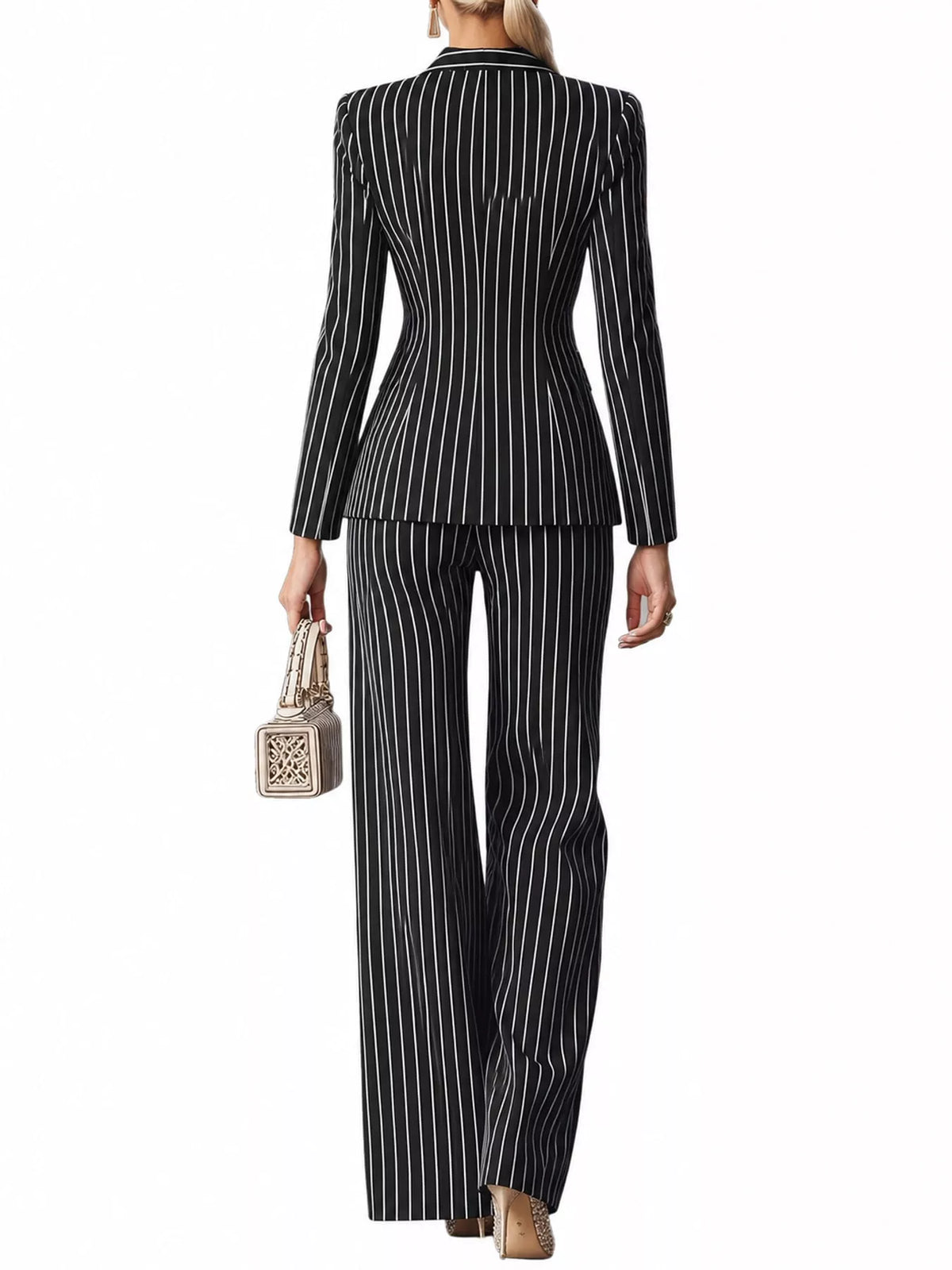 Pinstripe pantsuit, black suit back