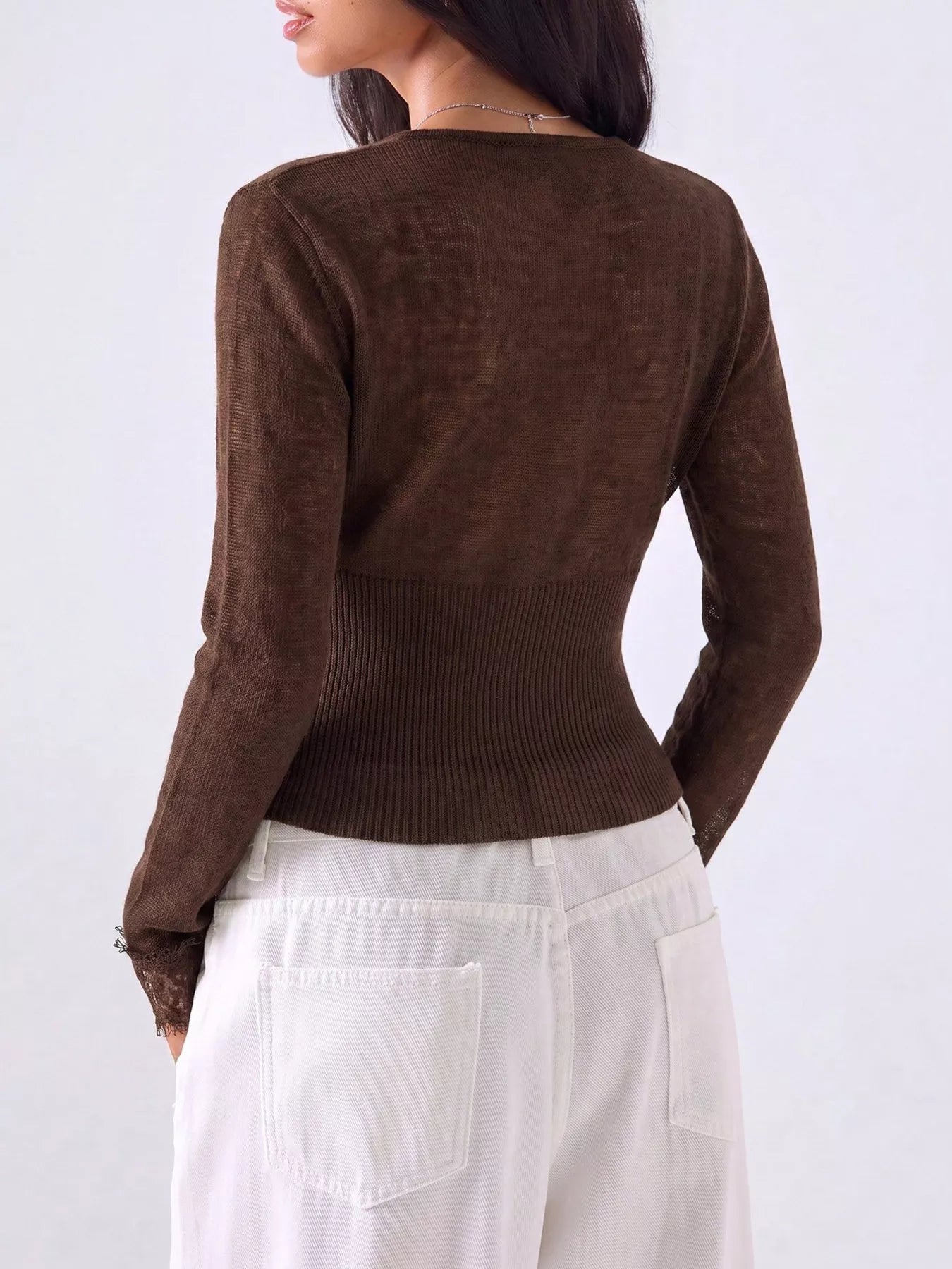 Trendsi Lace-Trimmed V-Neck Button-Down Cardigan -
