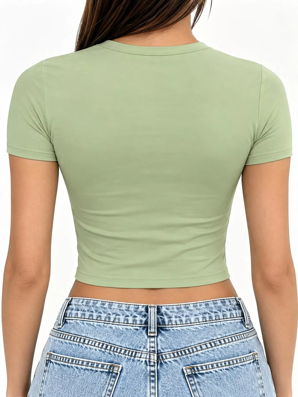 Light green crew neck crop T-shirt, back view