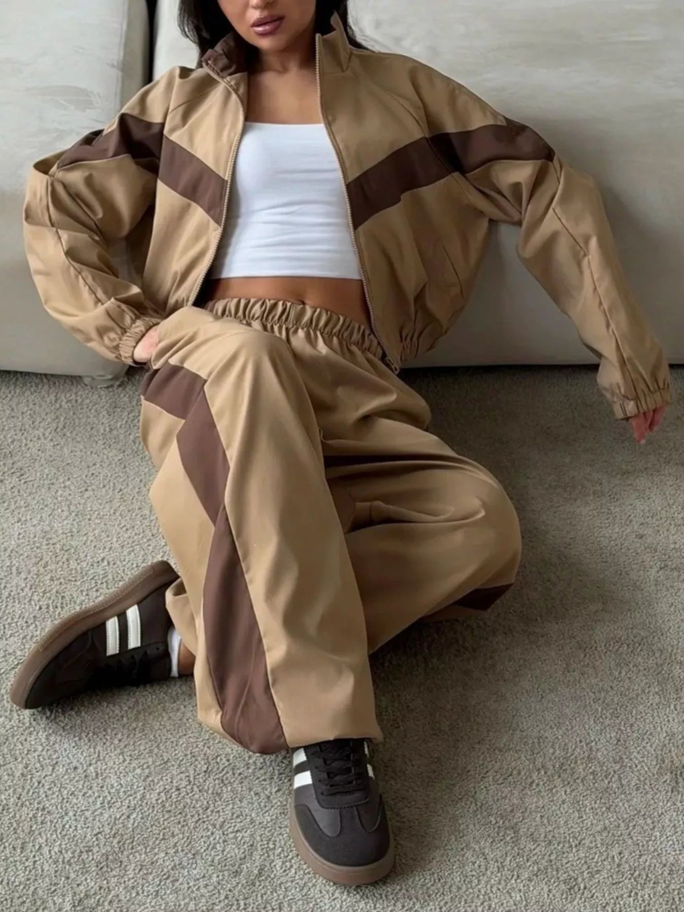 Trendsi Color Block Zip Up Outerwear and Pants Set -