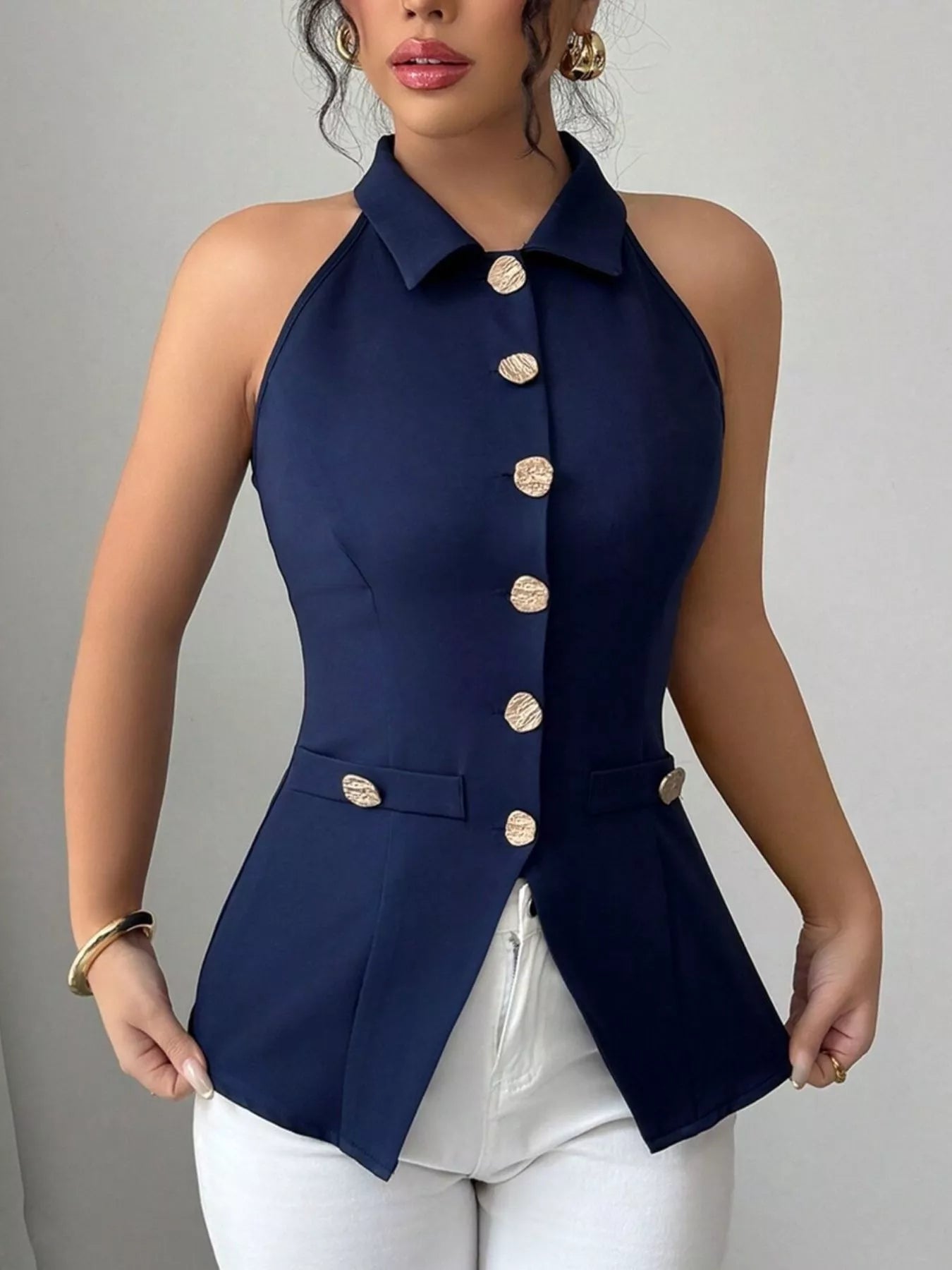 Trendsi Sleeveless Lapel Collar Button-Down Vest -