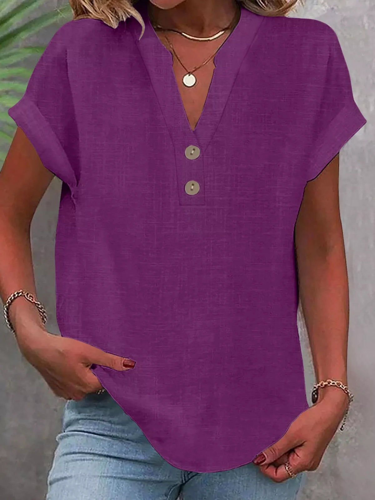 Purple button detail short sleeve blouse, front view