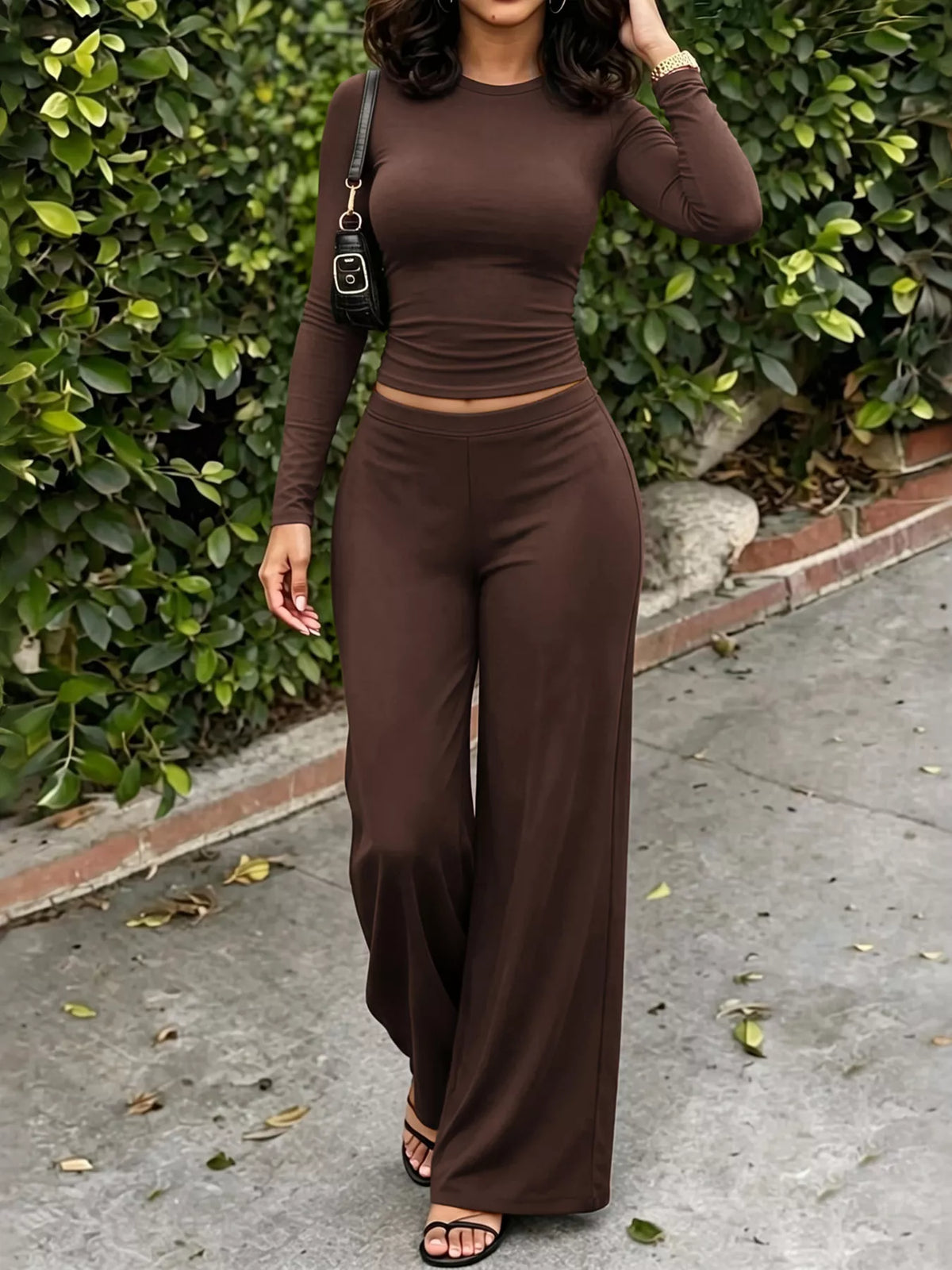 Crop Top and Wide Leg Pant Set in brown, front view