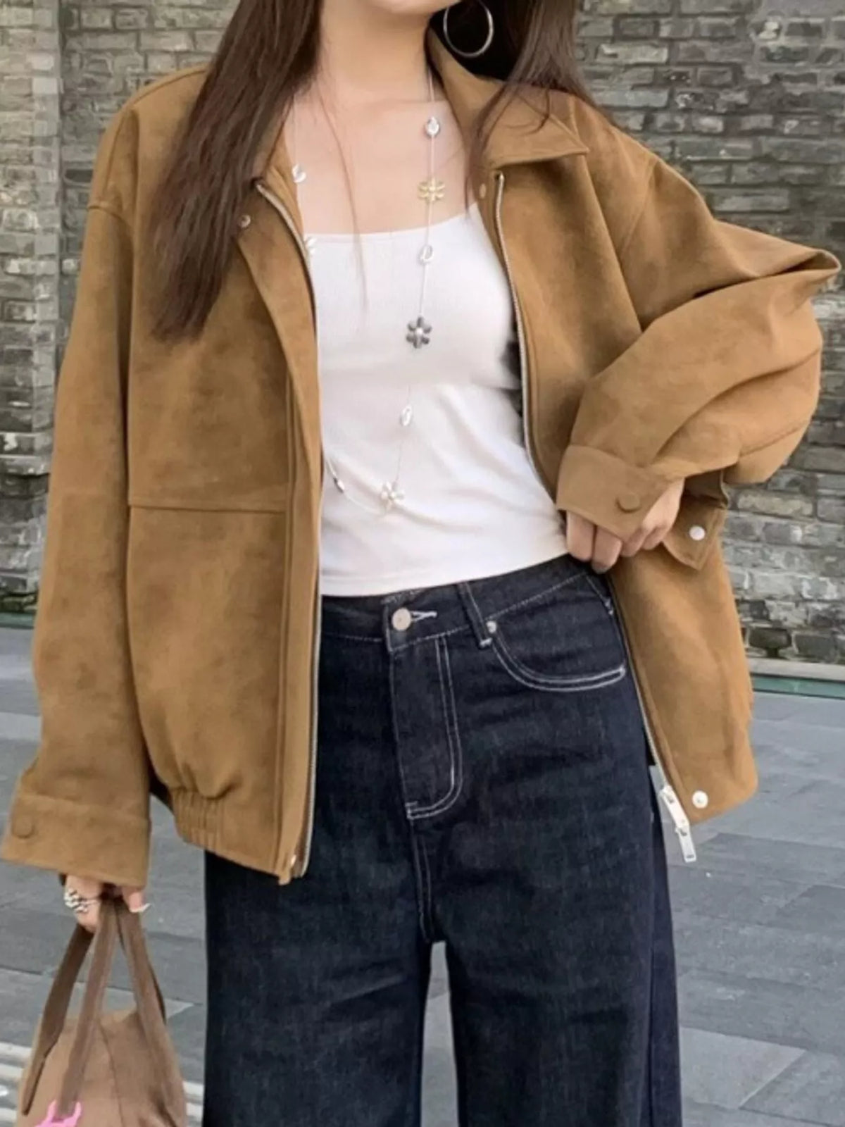 Zip-Up Elastic Hem Jacket — front view