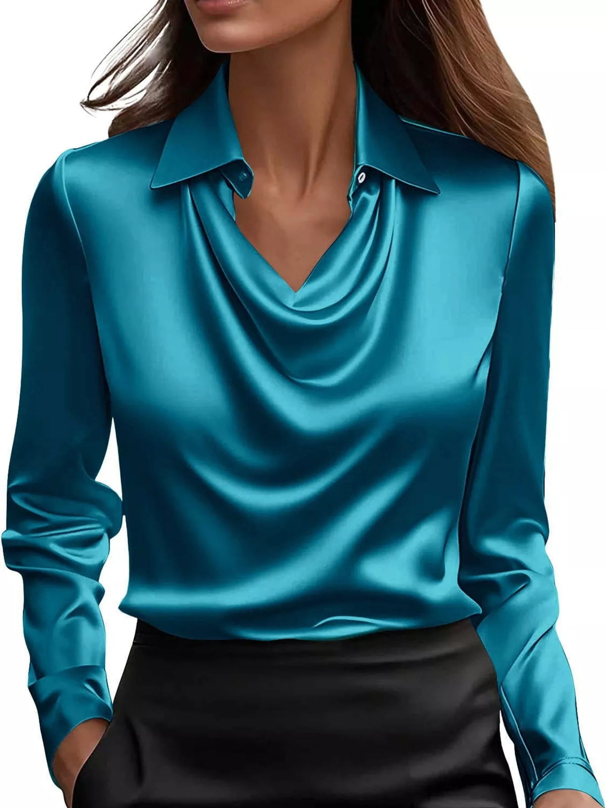 Lake Blue satin cowl neck blouse